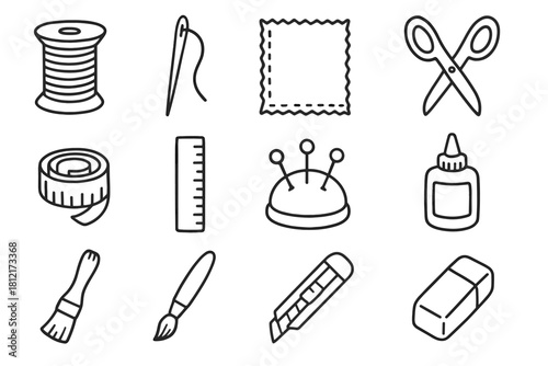 Pin tape ruler icons thread marker glue fabric icon sewing tools vector