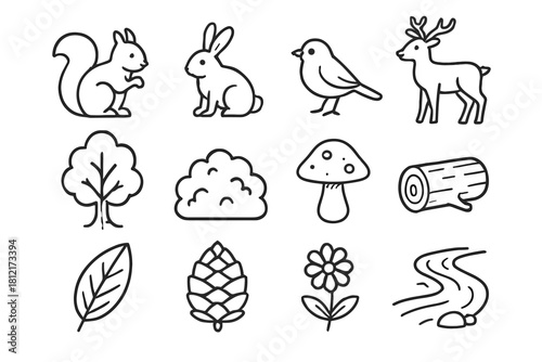 Wild tree vector deer mushroom pinecone forest leaf icon icons stream log