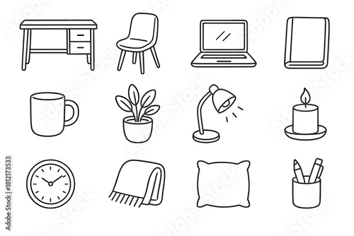 Vector cozy icon clock icons desk pot pillow chair holder book mug