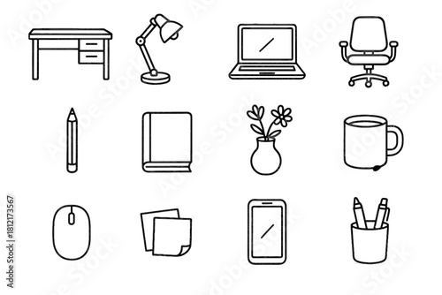 Chair desk pen modern home vector vase book phone mug icon lamp