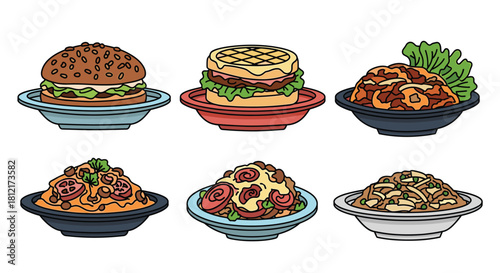 Variety of Delicious Dishes: Burgers, Waffles, and Pasta on Plates - Colorful Food Illustration for Restaurant Menus and Culinary Design