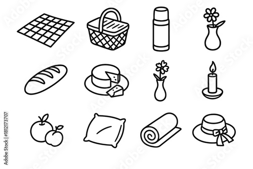 Candle book icon vector plate thermos set wicker vase picnic hat tablecloth