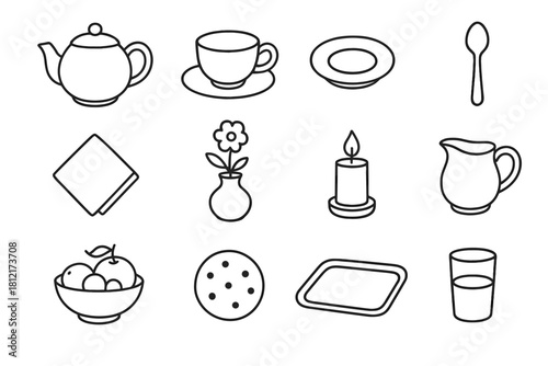 Minimal cookie milk icons small vase teapot tea vector bowl fruit icon