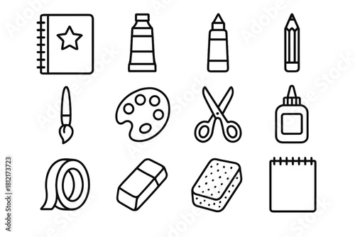 Scissors art sponge supplies pencil tube notebook bottle vector creative icon glue