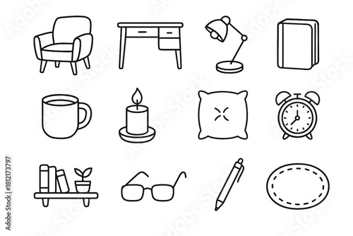 Cozy clock book vector candle study desk shelf icon pen mug lamp