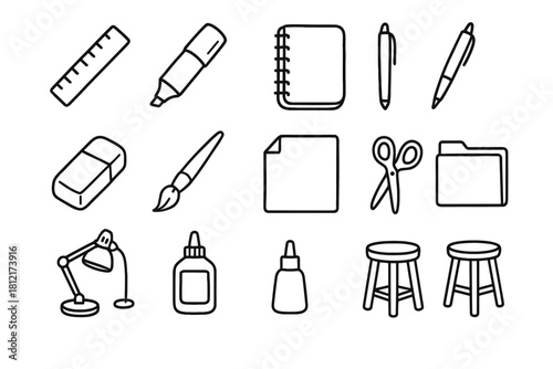 Designer vector eraser stool desk notebook marker lamp brush paper icon icons