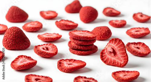 Dried Strawberries Scattered on White Surface for Healthy Snack and Ingredient Freeze Dried Strawberry Pieces Sweet and Sour Berry Fruit Dehydrated Cut Food