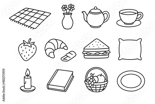Teapot strawberry blanket garden book croissant candle sandwich icons vector picnic icon