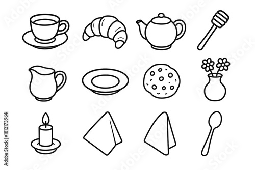 Saucer milk honey stick spoon cookie icons jug tea icon vector napkin