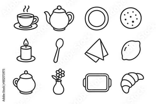 Vector teacup vase cookie lemon tea icons napkin icon warm plate tray