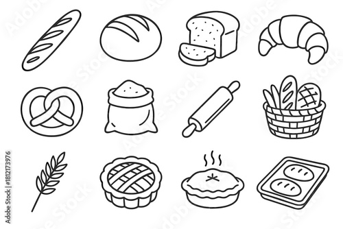 Bread rolling icons icon loaf pie wheat flour vector fresh pretzel branch