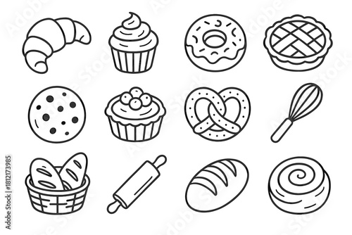 Pastry icon basket bakery pie vector pin croissant rolling tart swirl set