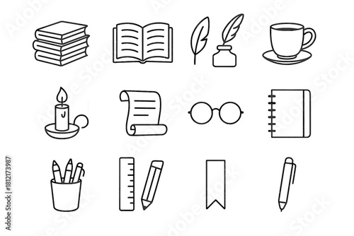 Icon study ink icons scroll stack cup quill holder bookmark vector candle