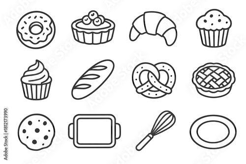 Baguette whisk croissant muffin cookie pastry cupcake icon modern pretzel tart vector