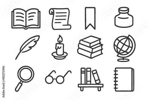Scroll glass shelf essentials bookmark icon book vector glasses globe quill library
