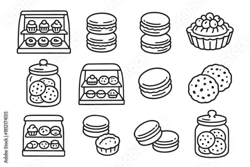Set jar shop macarons dessert icon sketch tart bakery cookie vector display