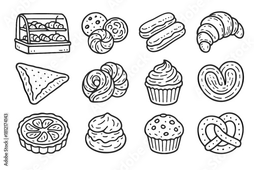 Pencil vector confectionery pastries eclairs cookies counter set doodle bakery icon