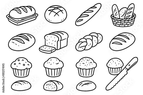 Vector knife bakery baked goods muffins bread icon basket icons set freshly