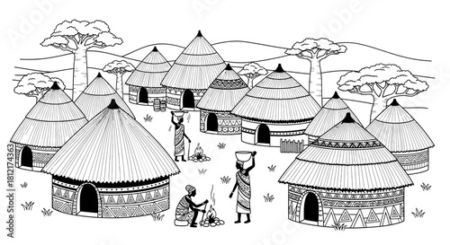 African village scene with people and traditional huts