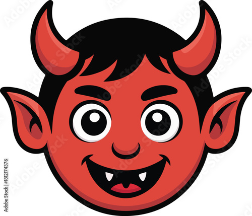 Red devil face vector icon with cheerful expression and small horns isolated on dark background