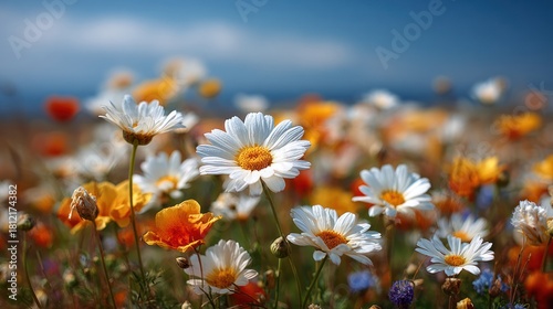 Meadow of daisies and orange flowers against a blurred sky. Bright sunlight on petals