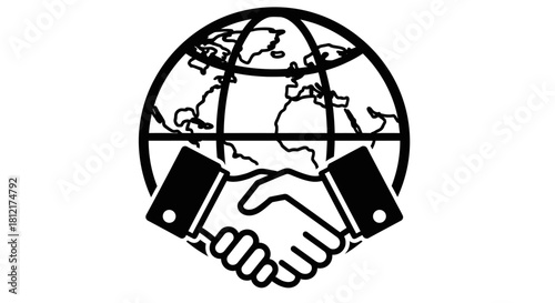 Global partnership handshake over world map