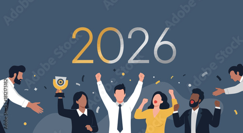 Team celebrating success in 2026 with achievement award