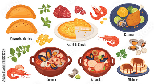 Delicious Traditional Chilean Cuisine Vector Illustration: Empanadas, Pastel de Choclo, Curanto, Cazuela, Afazuela, and Alfajores on White Background