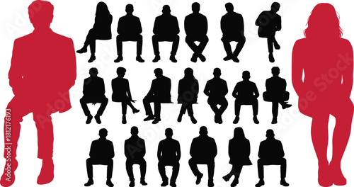 Seated human silhouettes, red highlight, posture variation, demographic icon, black vector, social design, comparison, group, formal pose