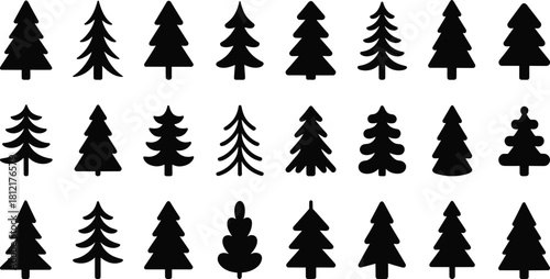 Pine tree silhouettes, conifer icons, forest shapes, black vector, stylized foliage, nature design, holiday sketch, evergreen symbol