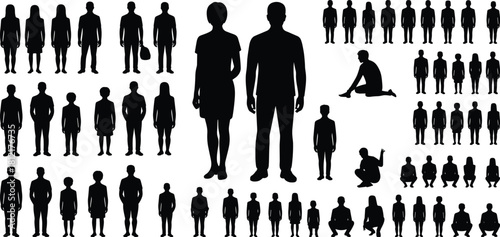 Human silhouettes, standing figures, diverse postures, black vector, group icon, focal characters, body language, design, sketch, pose