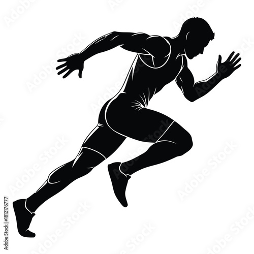 Black silhouette of a male athlete running or sprinting in a dynamic pose isolated on