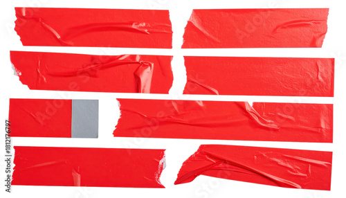 Crimson Adhesive Strips: A collection of vibrant crimson adhesive strips, their textures and cuts tell stories of application and removal, highlighting the essence of binding and fixings.