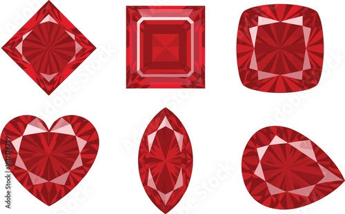 Set of Red Gemstones and Ruby Jewels Vector Illustration, Fancy Cut Diamonds.