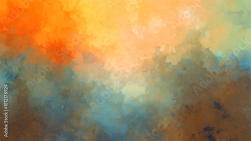 Warm Abstract Watercolor Painted Texture Background: Blended Orange, Ochre, & Blue-Grey Tones. High-Res Artistic Canvas Ideal for Autumn Themes, Creative Wallpapers, & Digital Art.