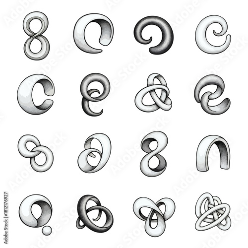Hand drawn collection of knot loop sketches.