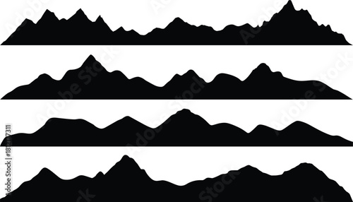 Mountain silhouettes, terrain profiles, hill shapes, black vector, landscape design, nature sketch, elevation contour, landform icons