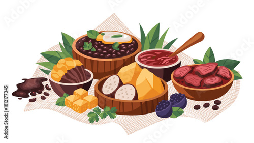 Variety of Latin American Food Illustrations: Beans, Cheese, Plantains, and Stews, Representing Cuisine and Culinary Delights, on a Textured Background with Foliage