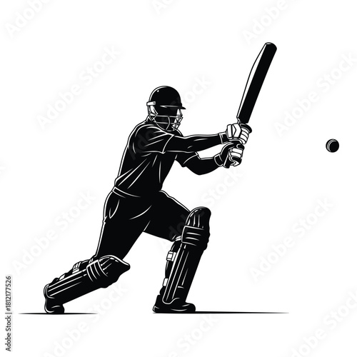Black silhouette of a cricket player batting with a bat and ball in action isolated on