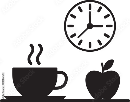 Vector illustration of a clock steaming cup and apple symbolizing a healthy break or schedule