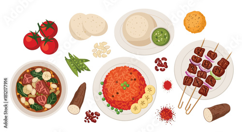 Diverse Collection of West African Cuisine: Jollof Rice, Suya Skewers, Fufu, and More on a White Background