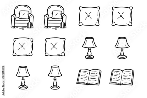 Open icon diary cushion ink outline nook reading hand vector drawn lamp