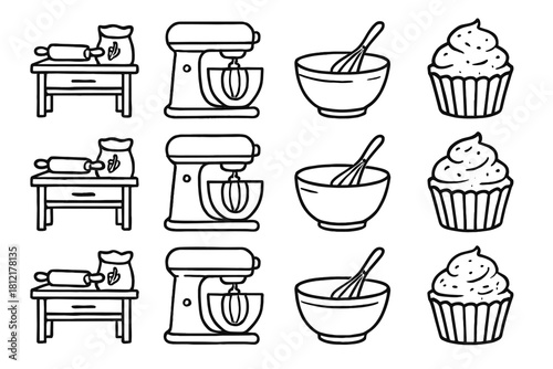 Baking vector bowl stand icon station mixer set drawing bakery line cupcake