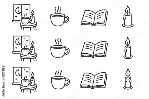 Evening pencil mood vector rest icon stool book cozy candle room cup