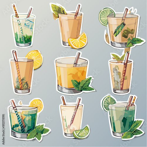 An illustrative sticker set featuring a variety of refreshing summer cocktails and mocktails, garnished with fresh mint, lime, and lemon
