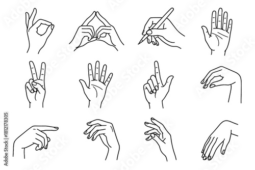 Creative holding resting gesture fingertips vector hand touching icons poses pen icon