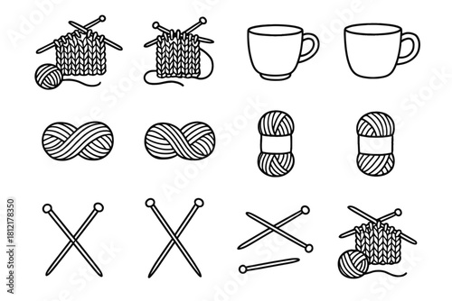Skein cup craft setup handdrawn vector needles cozy icons yarn icon knitting