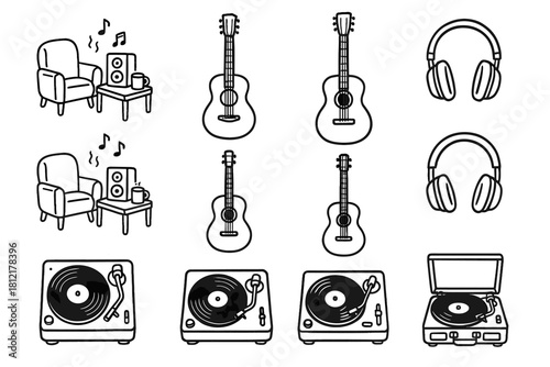 Icon sound record headphones guitar music corner setup vector sketch player icons