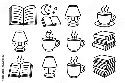 Cup vector coffee night essentials reading book lamp icon stack theme