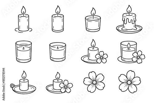 Vector candle setup flower tray set drawing peaceful light icon glass